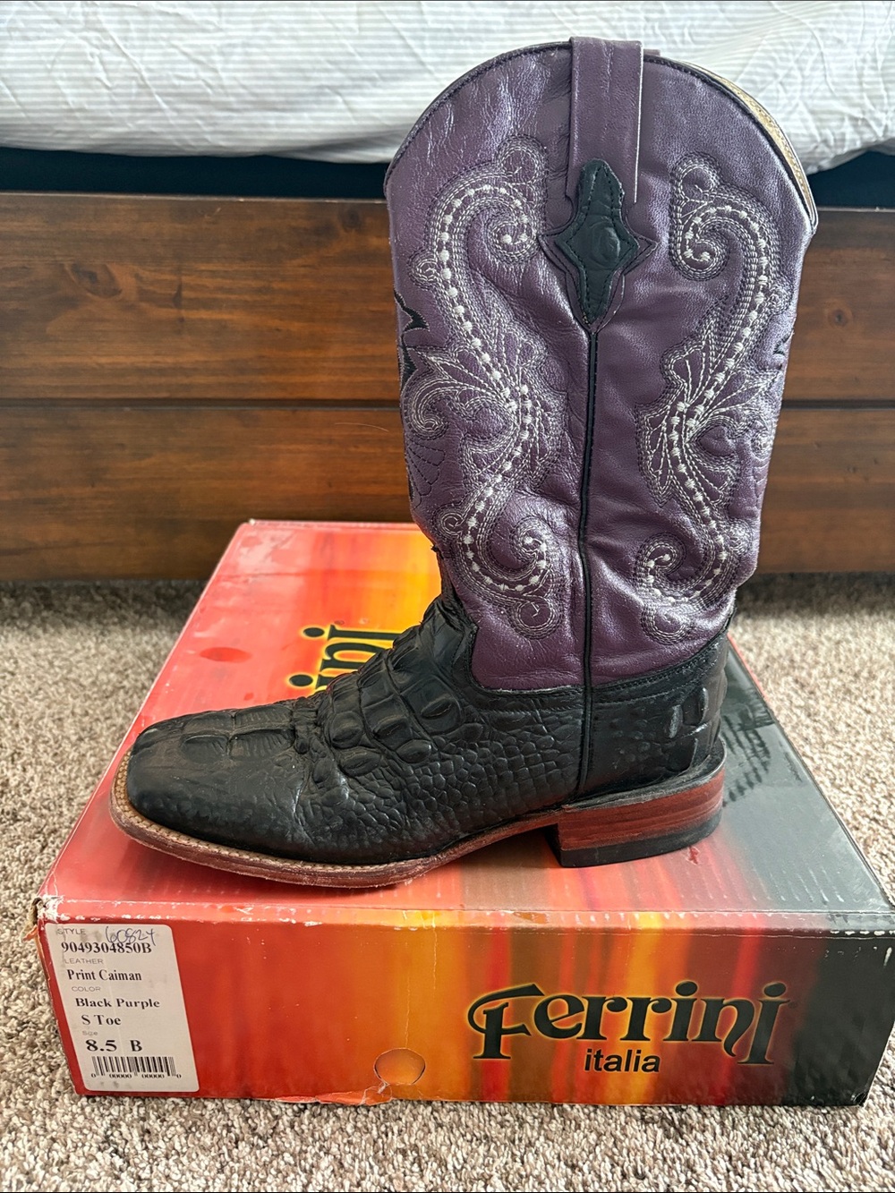 Ferrini Black & Purple Caiman Toe Western Boot